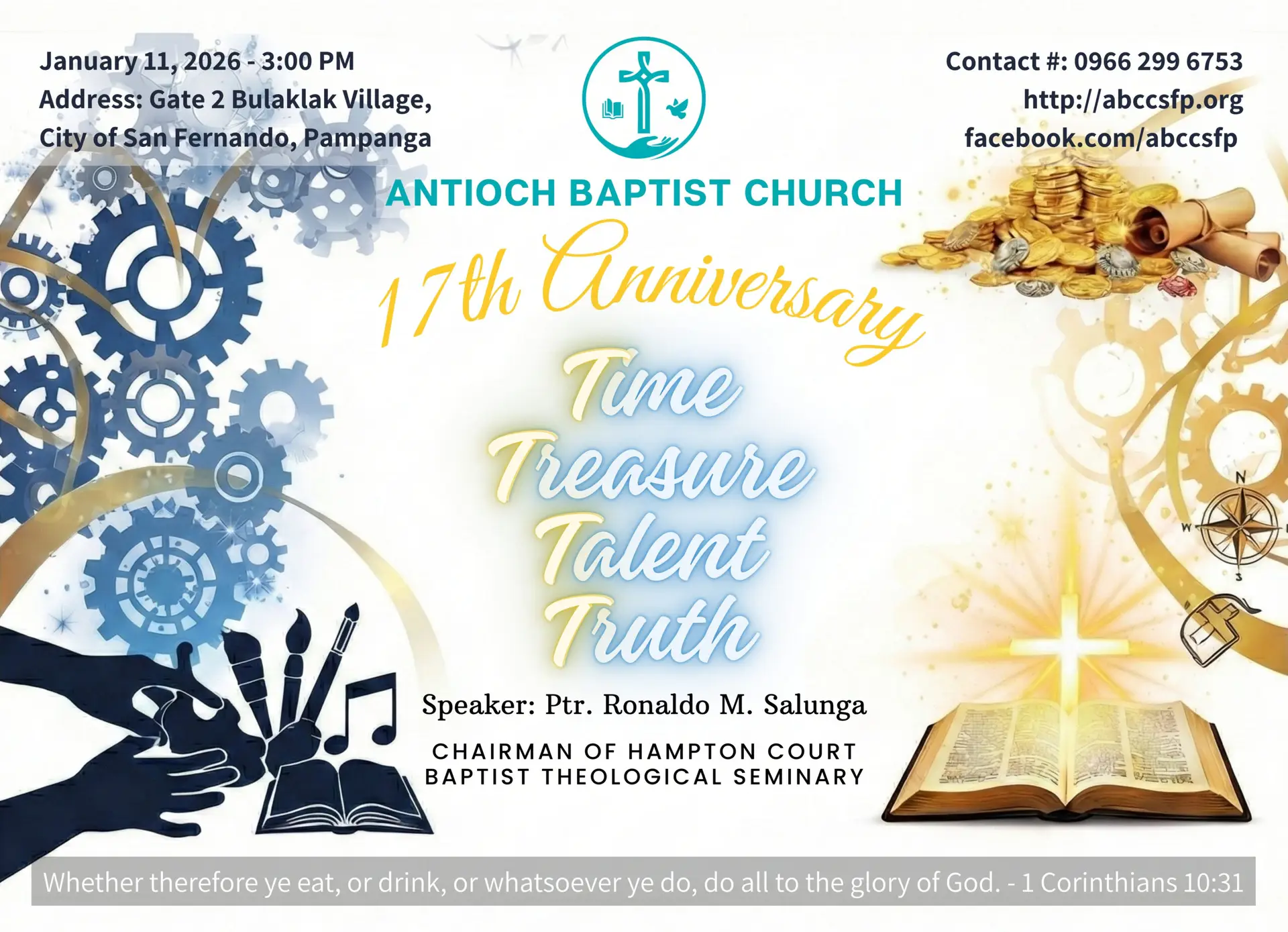 Antioch Baptist Church 17th Anniversary invitation featuring gears, coins, art supplies, and an open Bible with the theme Time, Treasure, Talent, Truth.